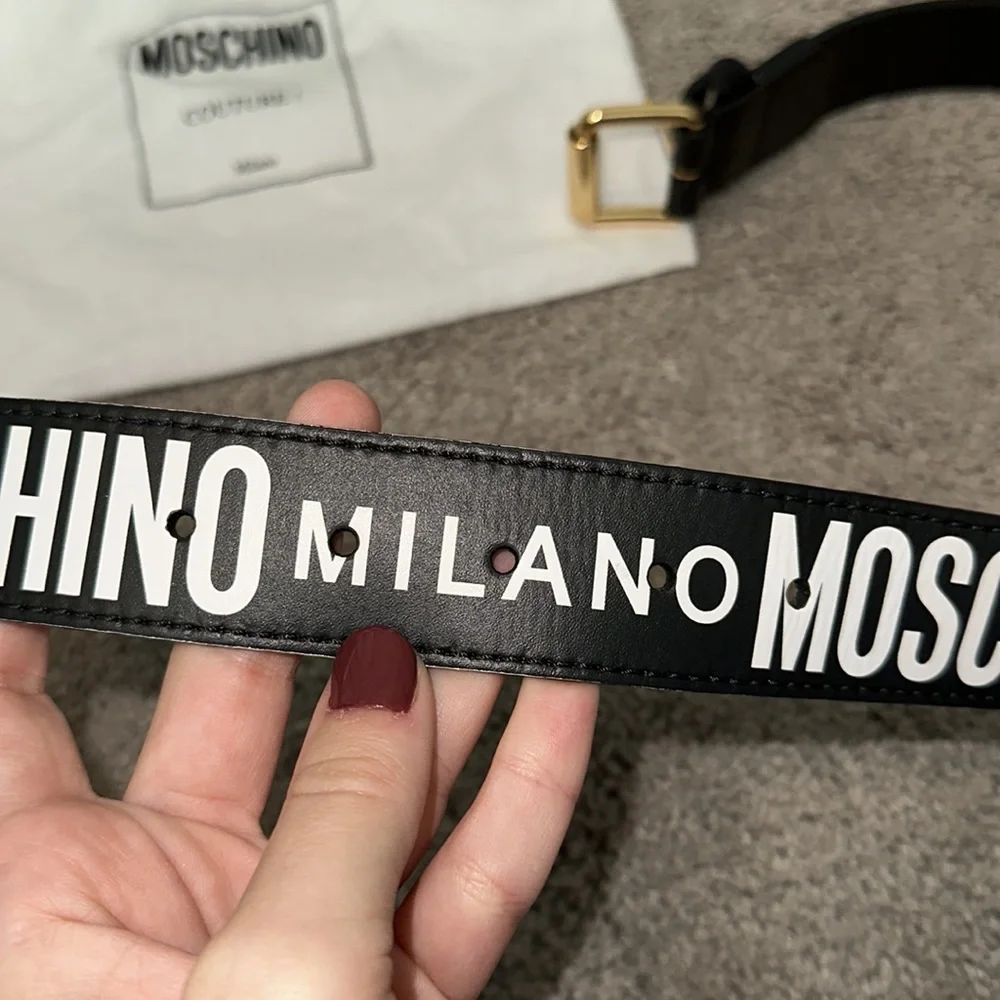 Moschino Black Belt with White Logo and Gold Buckle